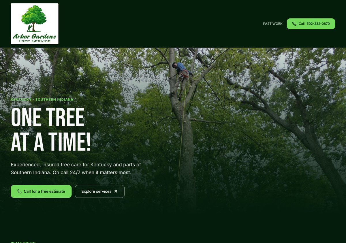 Arbor Gardens Tree Service website homepage
