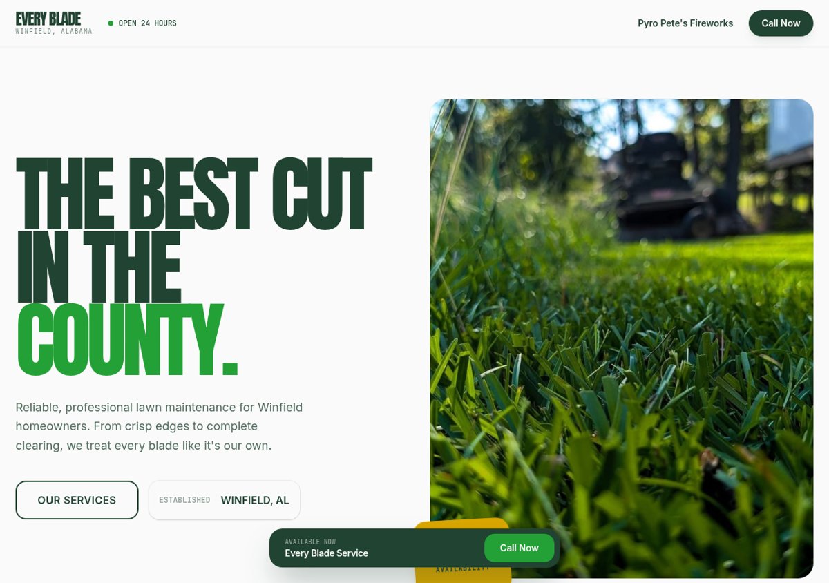 Every Blade Lawn Service & Pyro Pete's Fireworks website homepage