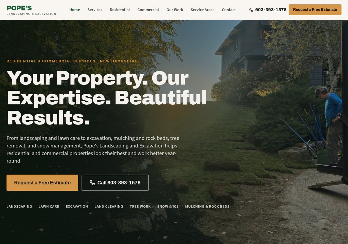 Pope's Landscaping and Excavation website homepage